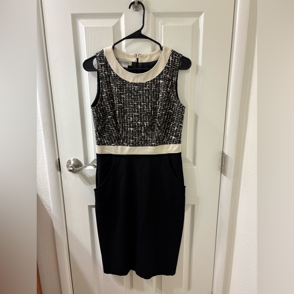 Kay Unger Sleeveless Tweed Sheath Dress Black Ivory